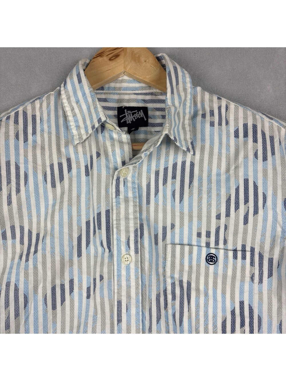 Vintage Stussy Short Sleeve Button Up Shirt Mens Small Blue Striped Camo USA - Picture 1 of 9